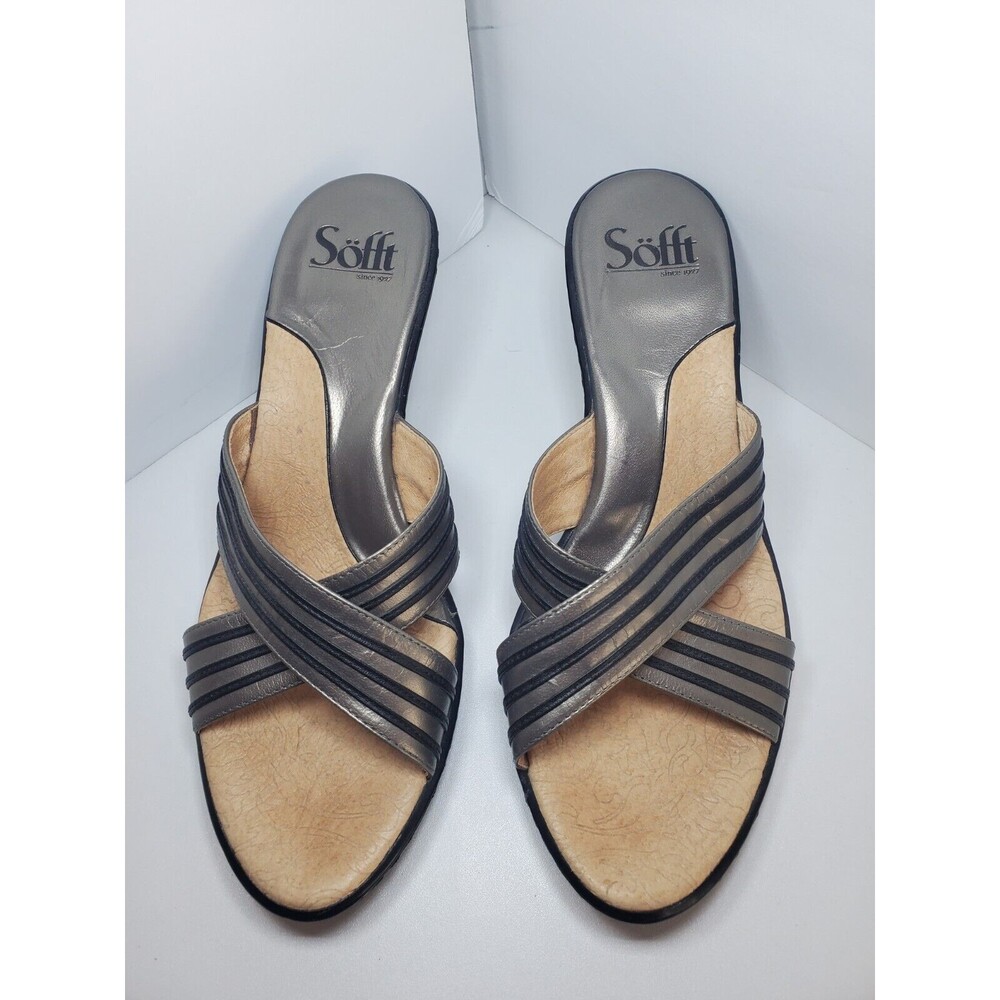 Sofft Women Sandals Silver And Black Leather Size 9.5 N Open toe Slide